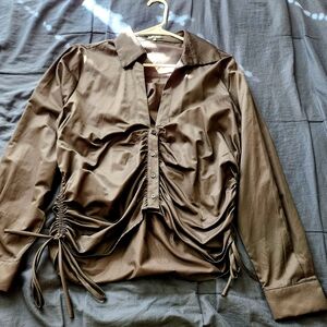 Black Fashion Nova Ruched Button-Up Blouse